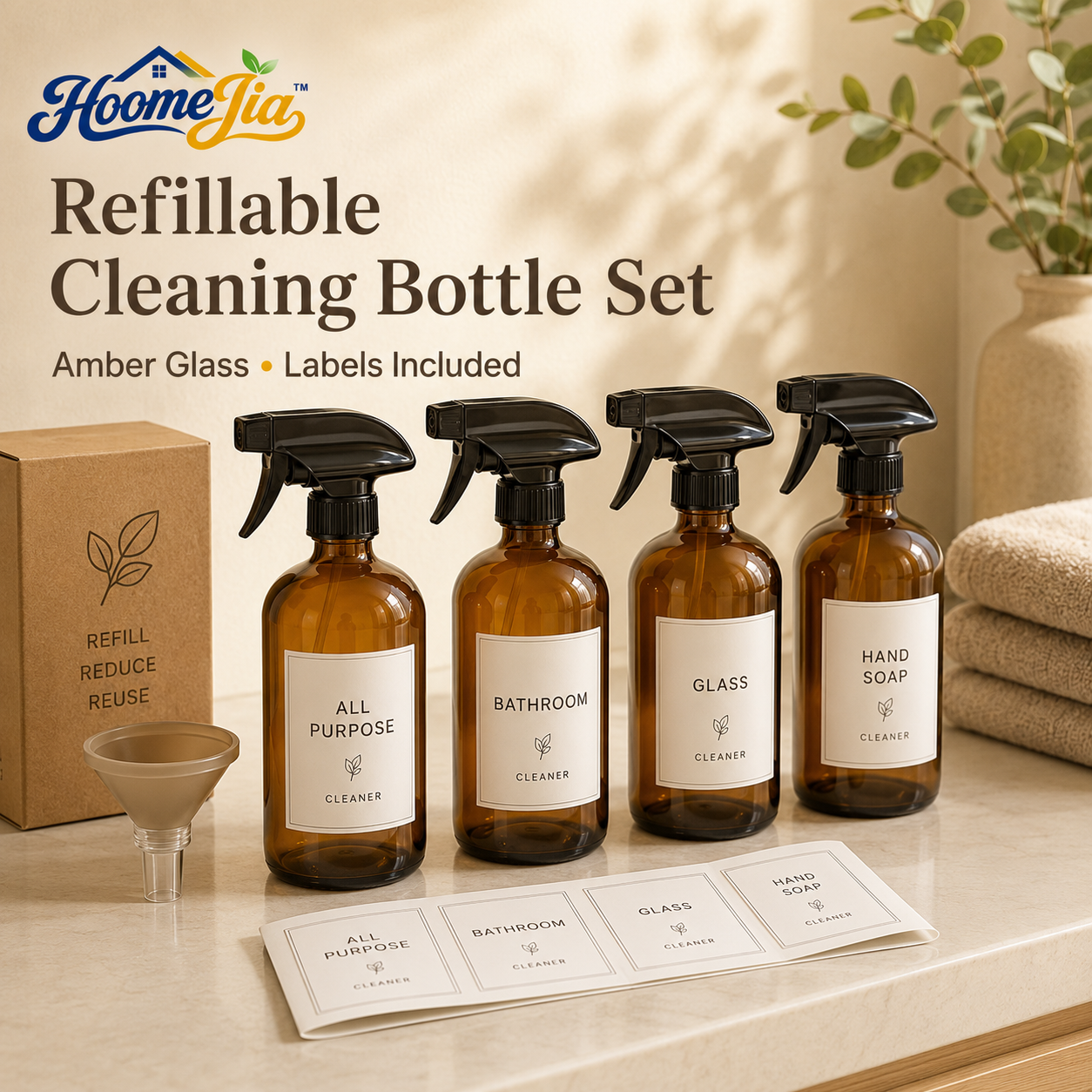 HoomeJia™ Refillable Amber Glass Cleaning Spray Bottle Set with Labels