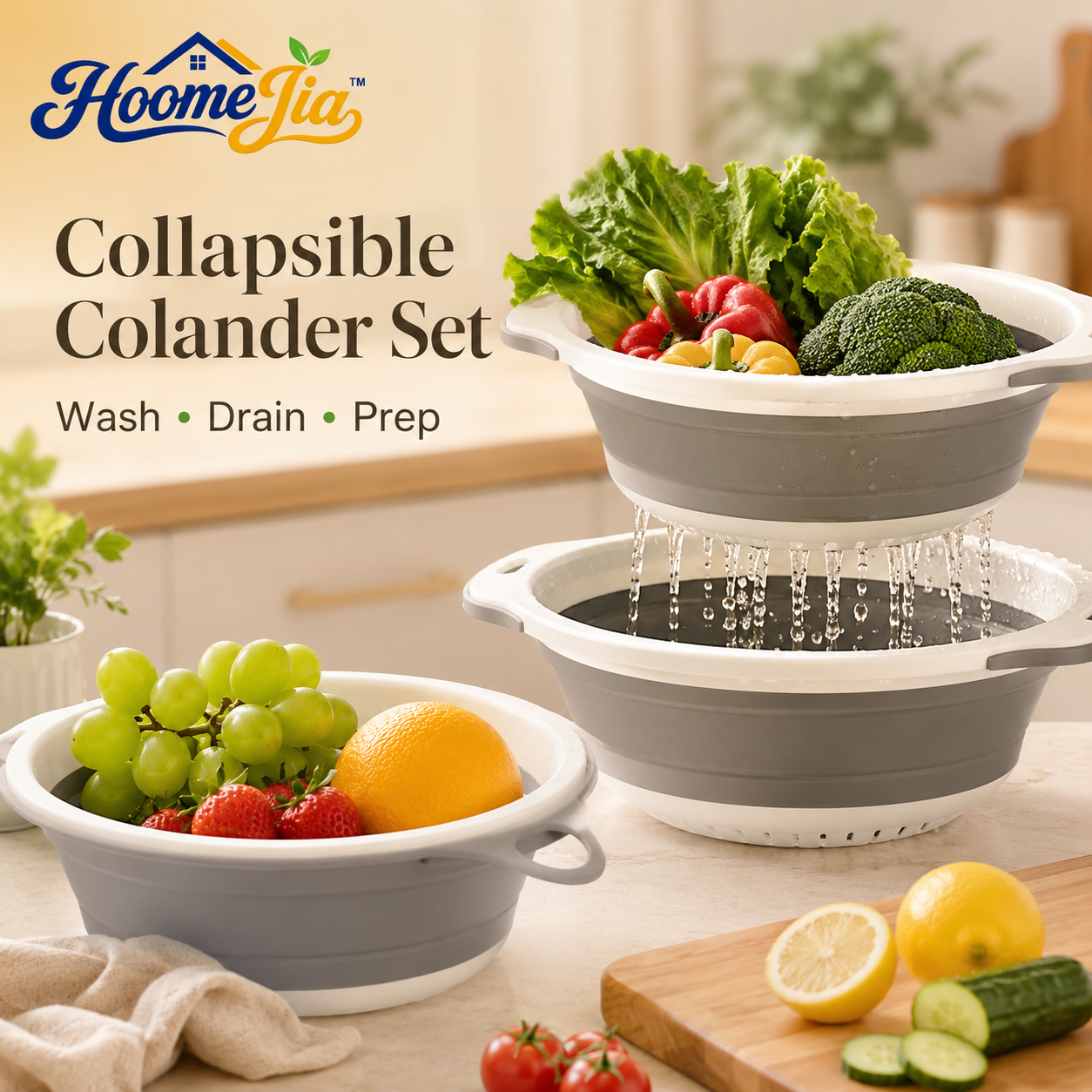 HoomeJia™ Collapsible Colander and Mixing Bowl Set, Produce Washing Strainer