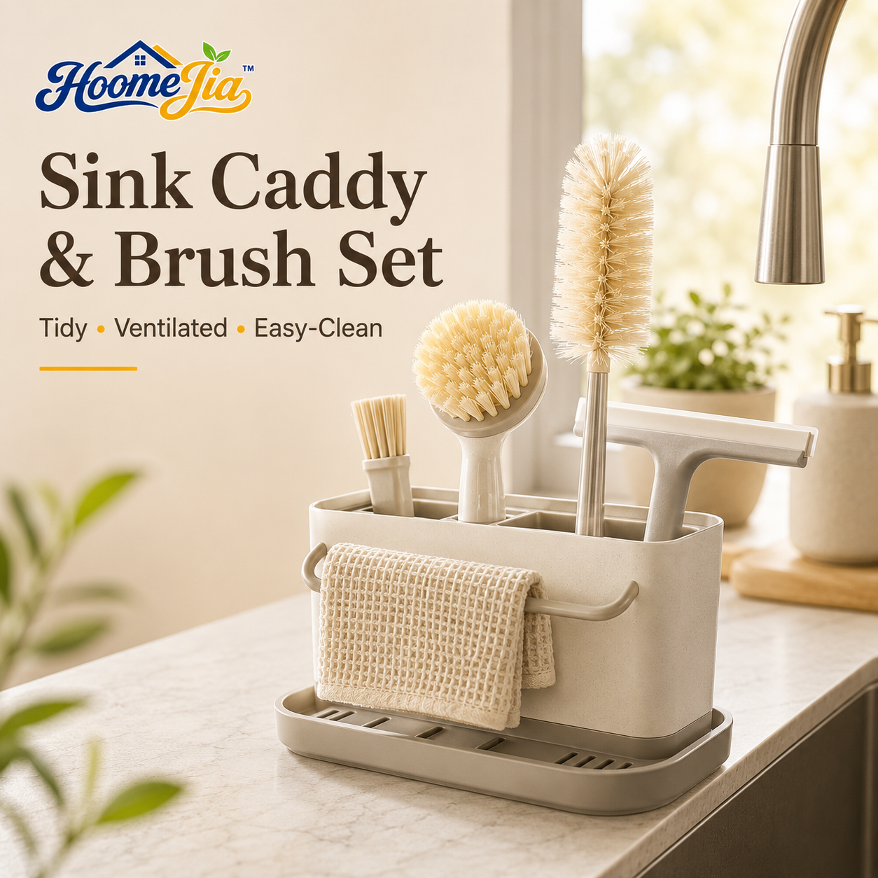 HoomeJia™ Kitchen Sink Cleaning Caddy Set with Dish and Bottle Brushes