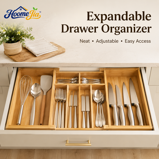 HoomeJia™ Expandable Bamboo Kitchen Drawer Organizer, Adjustable Silverware Tray
